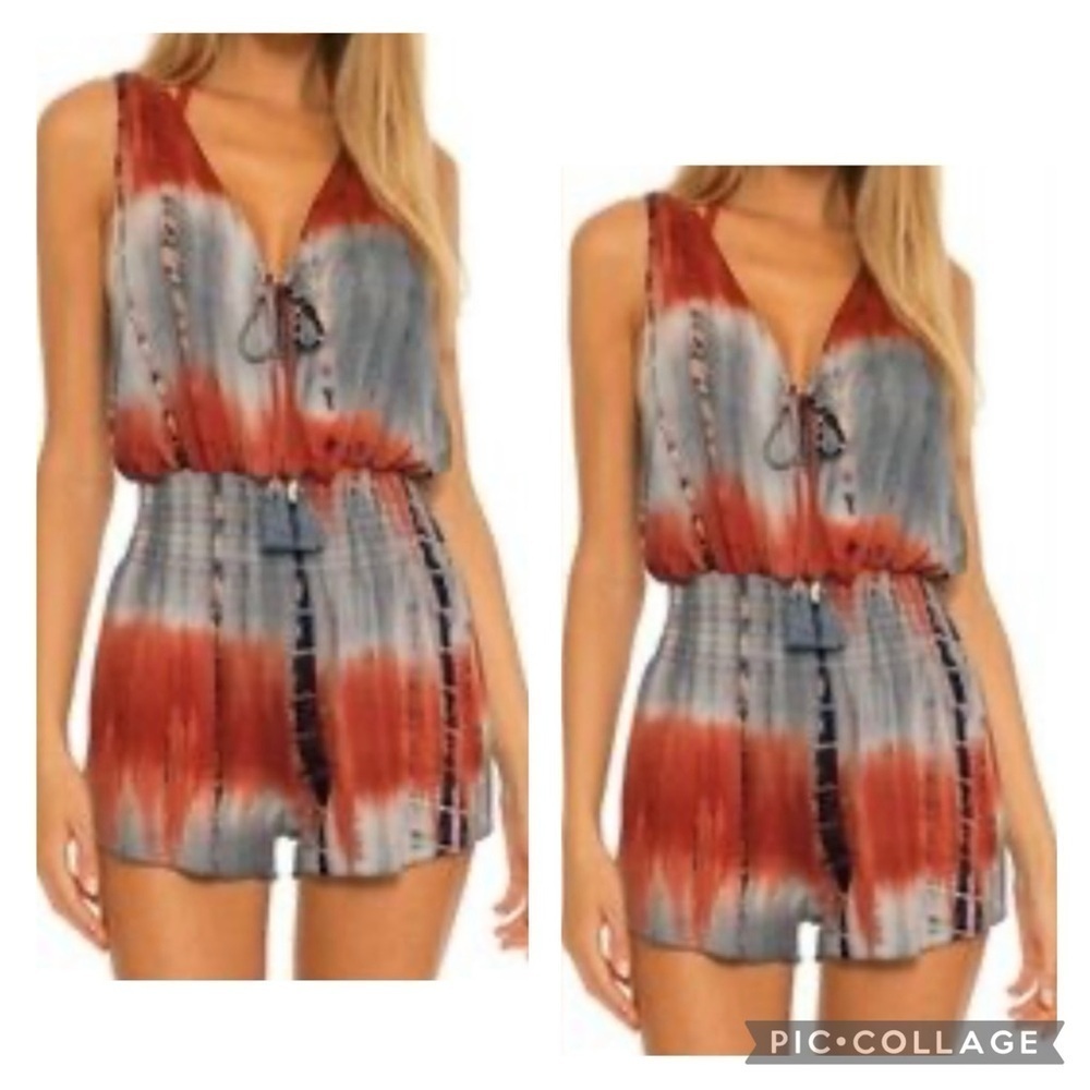BECCA REBECCA VIRTUE Women’s Red Gray SEA RAY Tie Dye Romper Stretch Jersey Sz S